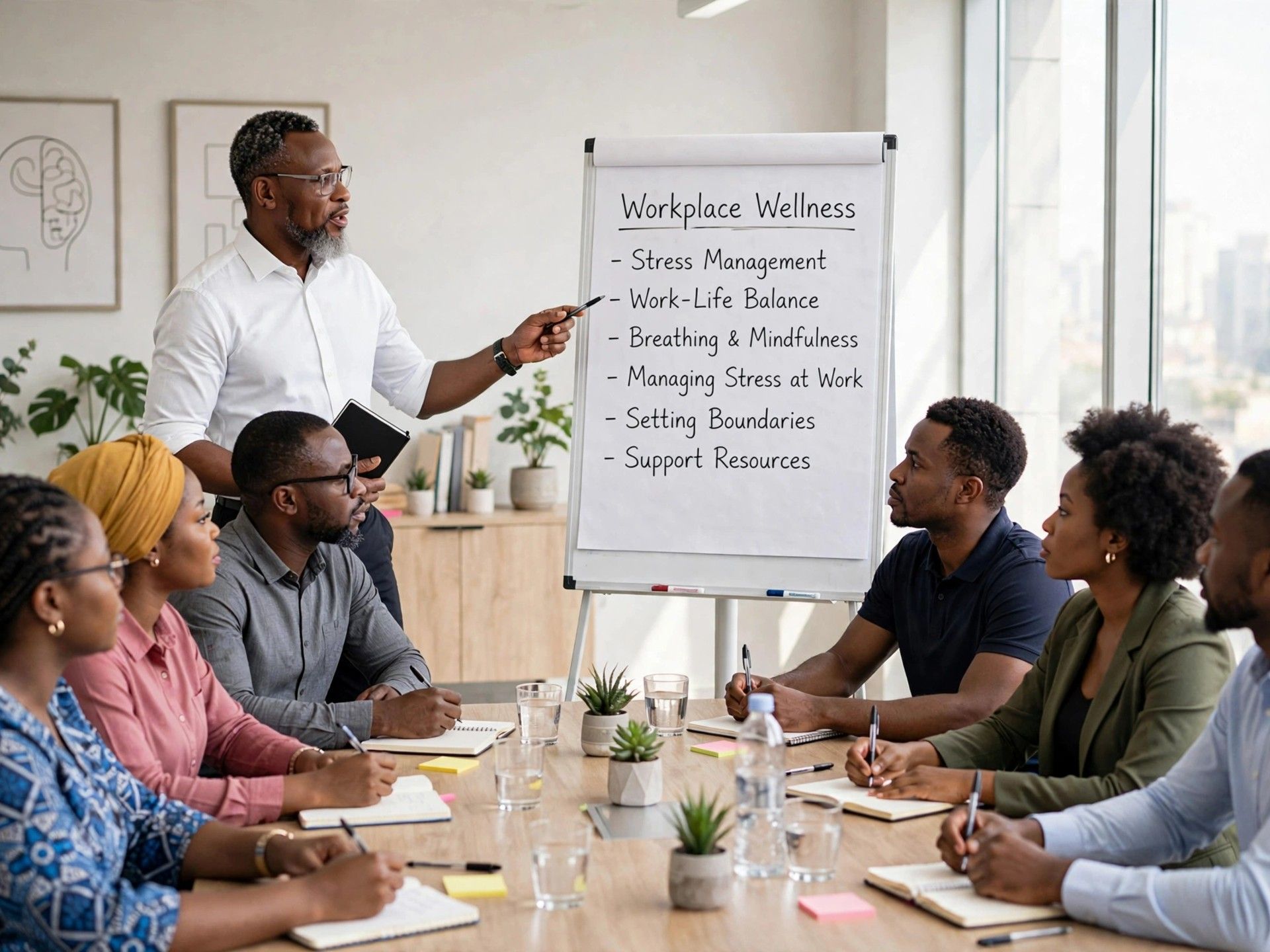 A male professional in a calm workplace counselling conversation